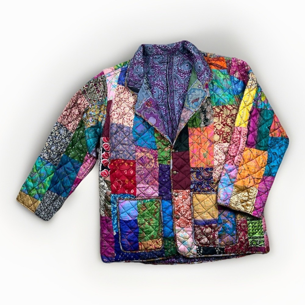 C:eed Jacket Size XL Multicolor Silk Patchwork Beaded Boho Artsy Reversible VTG - Picture 1 of 16